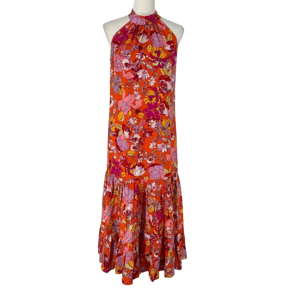Vince Camuto Womens Orange Floral Halter Tiered‎ Maxi Dress Size S Maximalist